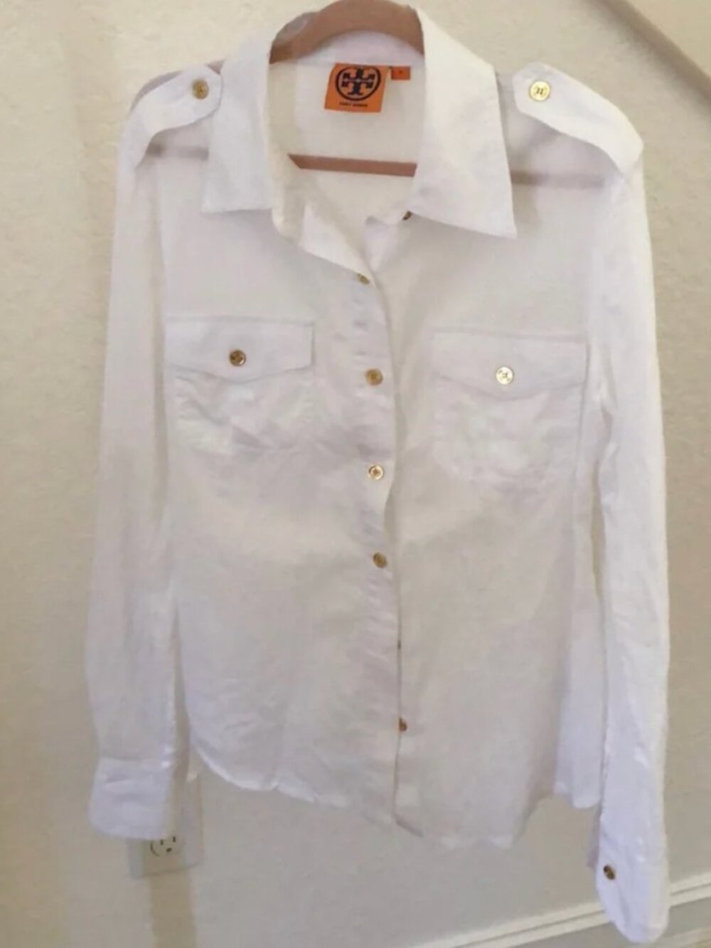 Tory Burch White Button Front Utility Shirt Gold Buttons Sz 6